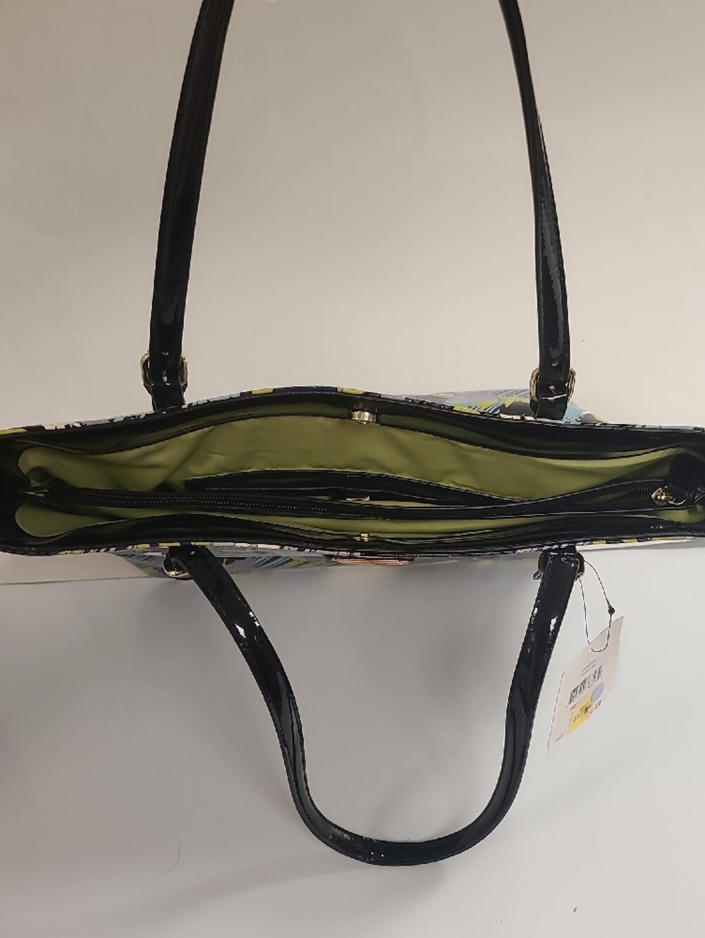Anne Klein NWT Black Patent Floral Tote with Lavender and Lime Accents - Picture 11 of 14